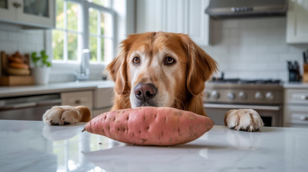 dog looking at a raw sweet potato on a kitchen counter