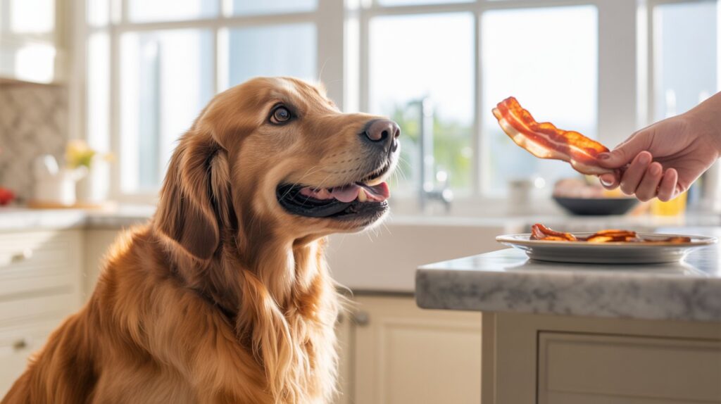 cooked bacon next to dog-safe treats like carrots and blueberries
