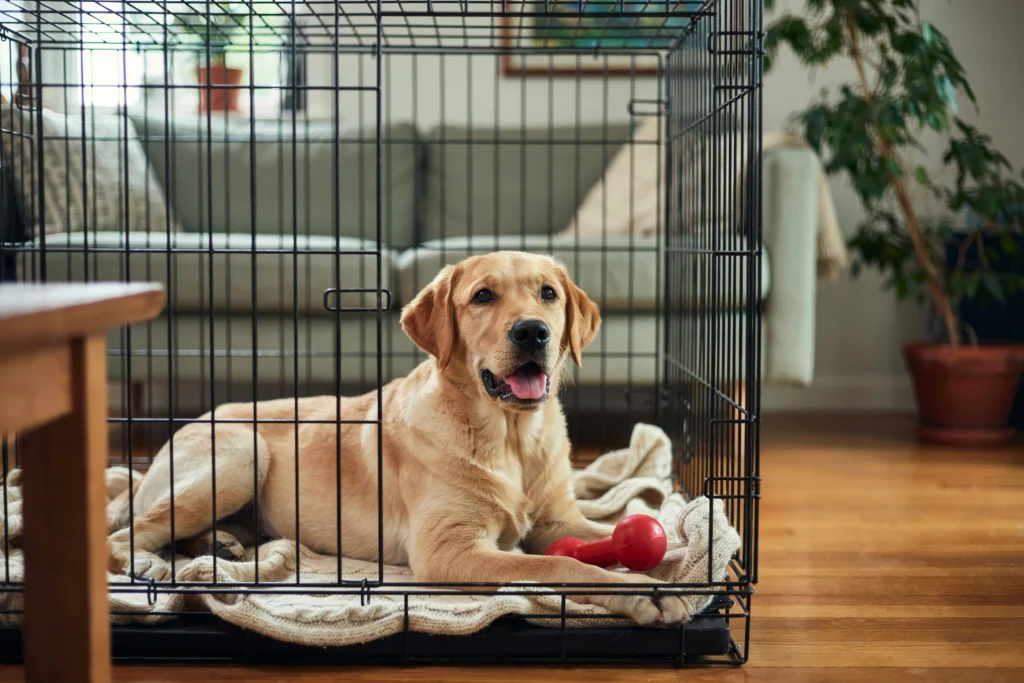 Content puppy resting calmly inside an open crate with a soft blanket at home.