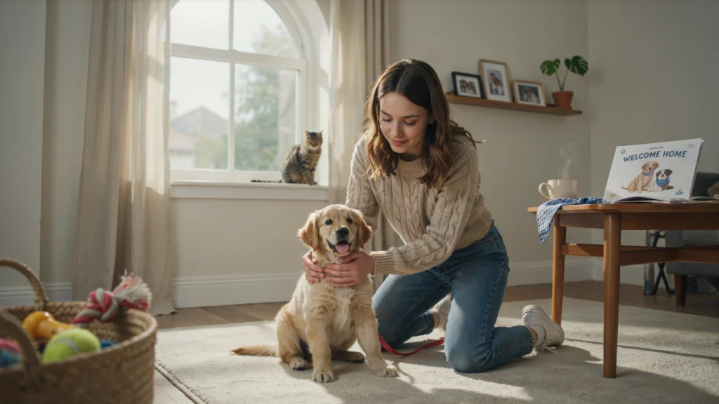 Happy owner petting a new puppy while starting potty training at home