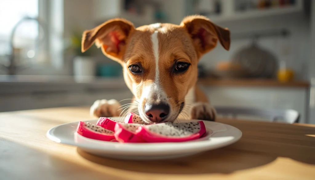 dog sniffing fresh dragon fruit slices on a plate