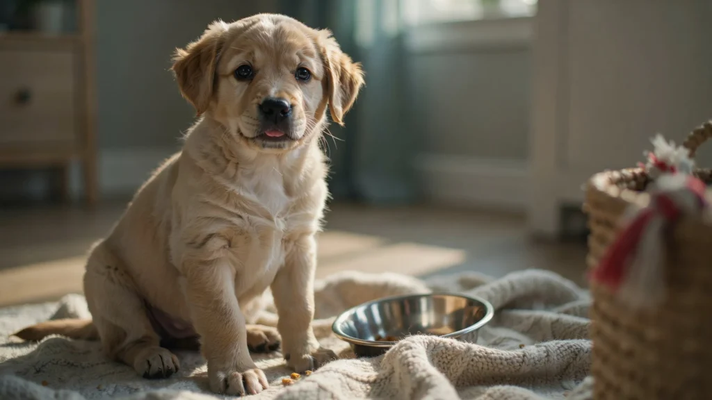 Puppy eating quickly from a bowl, a common cause of swallowed air and hiccups