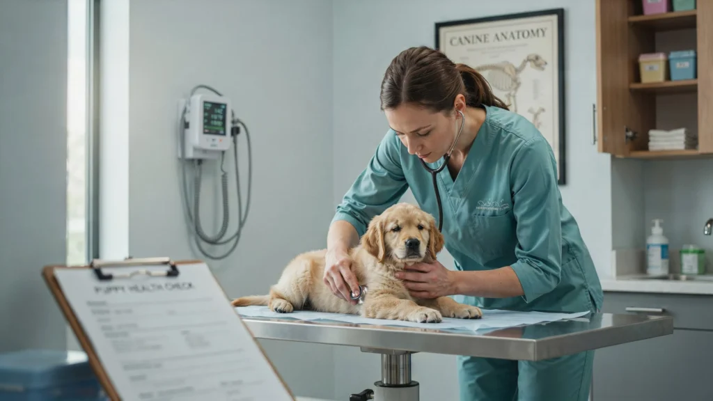 Veterinarian gently examining a calm puppy during a checkup